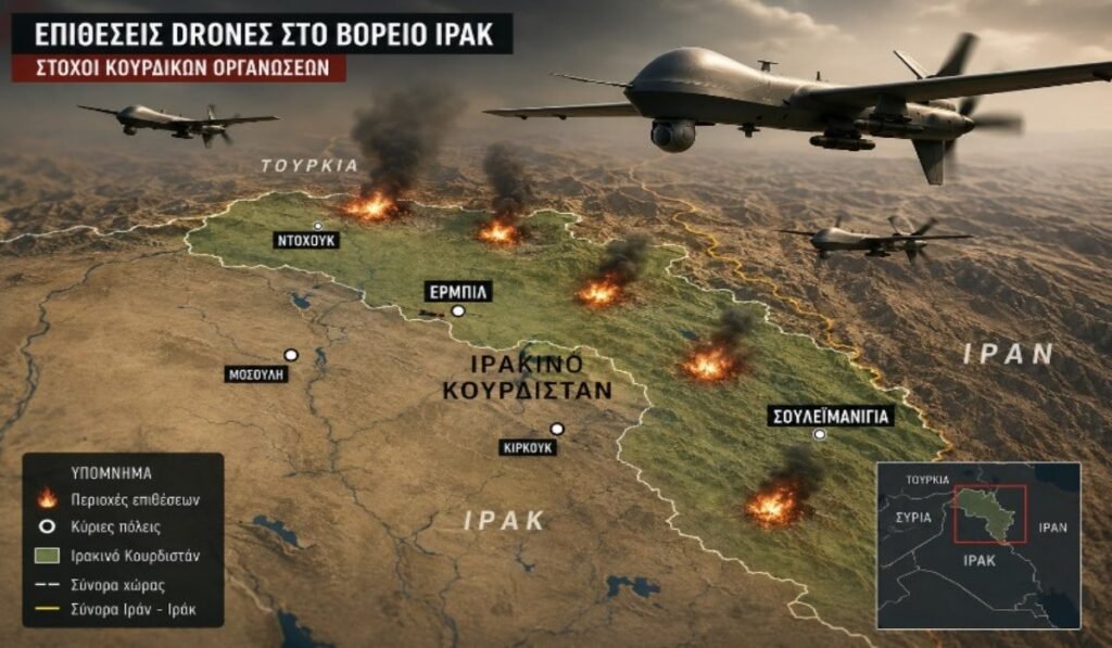 Χάρτης του βόρειου Ιράκ με το Ερμπίλ και τη Σουλεϊμανίγια, πάνω από τον οποίο πετούν drones, ενώ στο βάθος διακρίνονται εκρήξεις σε ορεινές περιοχές όπου βρίσκονται βάσεις κουρδικών οργανώσεων.