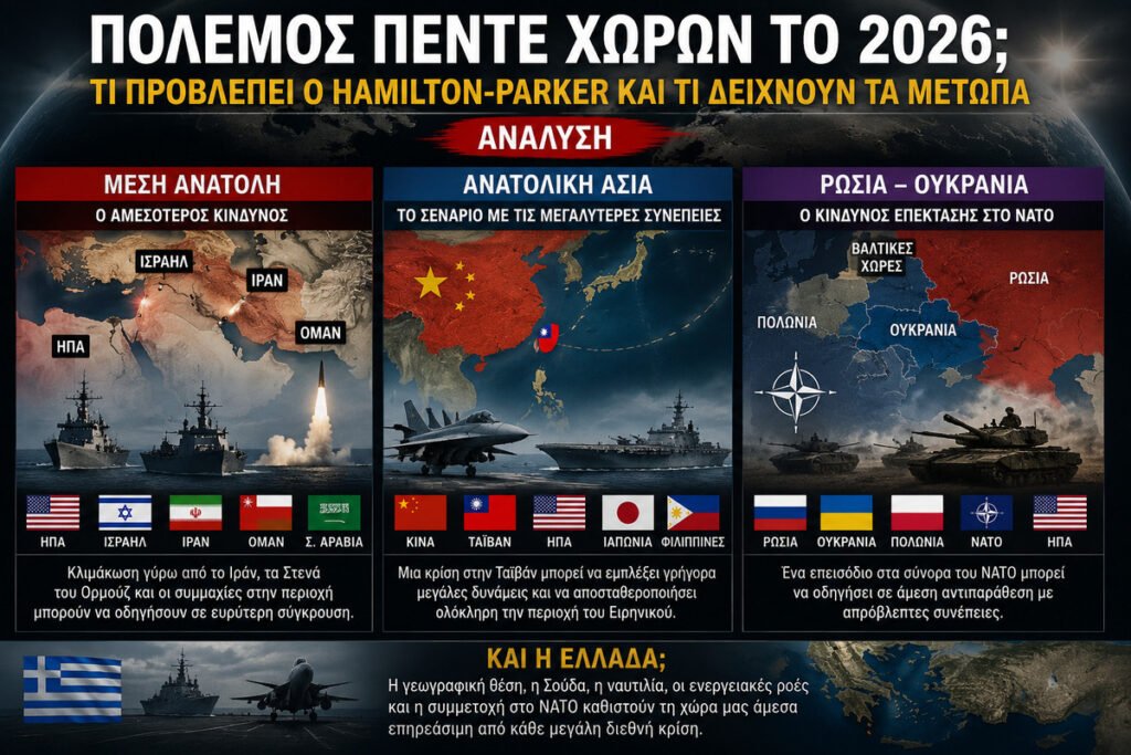Ανάλυση: «Πόλεμος πέντε χωρών» έως το τέλος του 2026: Τι προβλέπει ο Hamilton-Parker και τι δείχνουν τα μέτωπα Τα τρία μέτωπα που μπορούν να πυροδοτήσουν γενικευμένη σύγκρουση