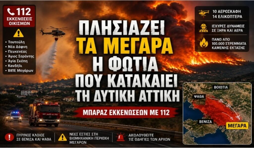 Φωτιά στη Δυτική Αττική: Πύρινος κλοιός στα Μέγαρα – Εκκενώσεις με 112 και μάχη με τις φλόγες Μέγαρα η μεγάλη πυρκαγιά
