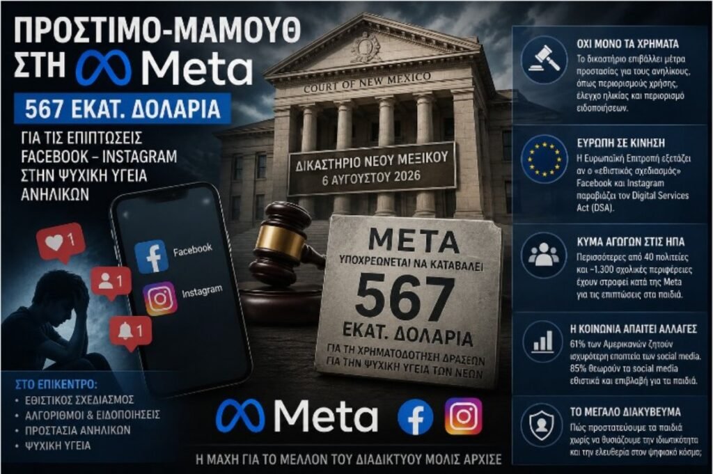Δικαστήριο στο Νέο Μεξικό διέταξε τη Meta να καταβάλει 567 εκατ. δολάρια