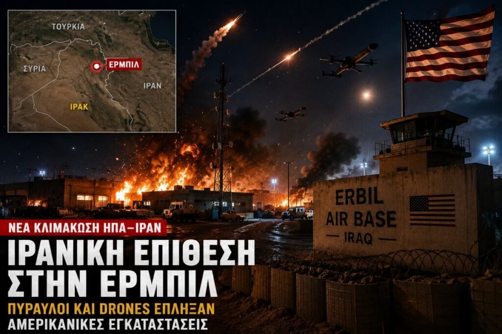 Ιράν: Πύραυλοι και drones έπληξαν αμερικανικές θέσεις στην Ερμπίλ – Φωτιά σε εγκαταστάσεις και νέα κλιμάκωση Το Ιράν εξαπέλυσε συνδυασμένη επίθεση με πυραύλους και drones εναντίον αμερικανικών στρατιωτικών θέσεων