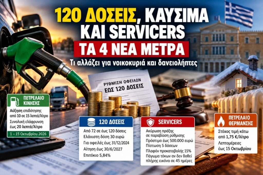 120 δόσεις, καύσιμα και servicers: Τα 4 νέα μέτρα – Τι αλλάζει για νοικοκυριά και δανειολήπτες Επέκταση της ρύθμισης από 72 σε έως 120 δόσεις για παλαιά χρέη προς Εφορία και ασφαλιστικά ταμεία,