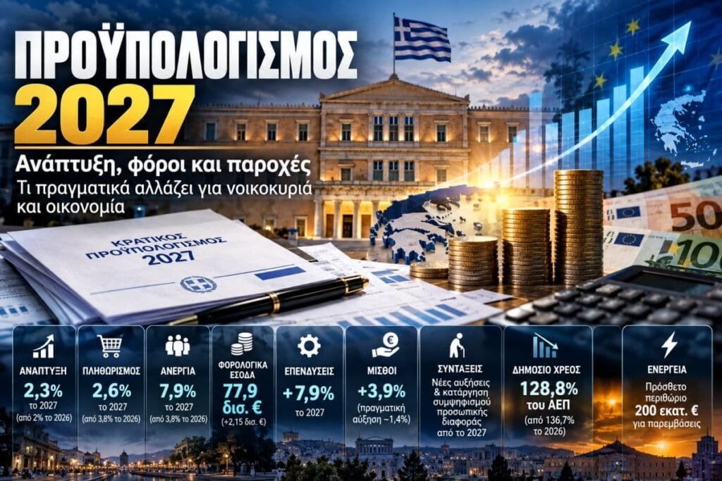 Ο Προϋπολογισμός 2027 προβλέπει ανάπτυξη 2,3%, πληθωρισμό 2,6% και υποχώρηση της ανεργίας στο 7,9%.